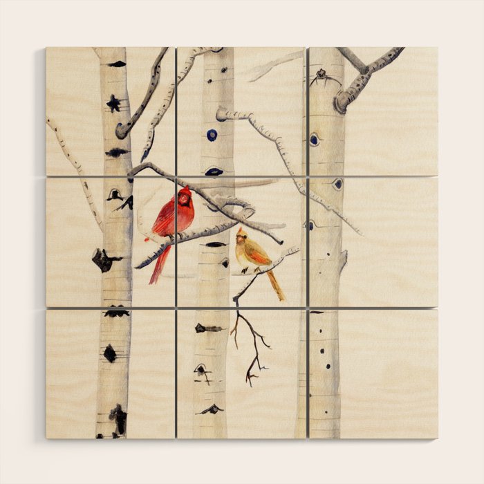Birch Trees and Cardinal Wood Wall Art Gallery Image 1