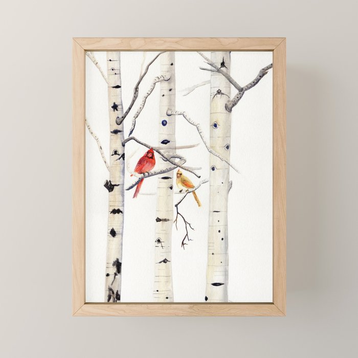 Birch Trees and Cardinal Mini Art Print Gallery Image 1
