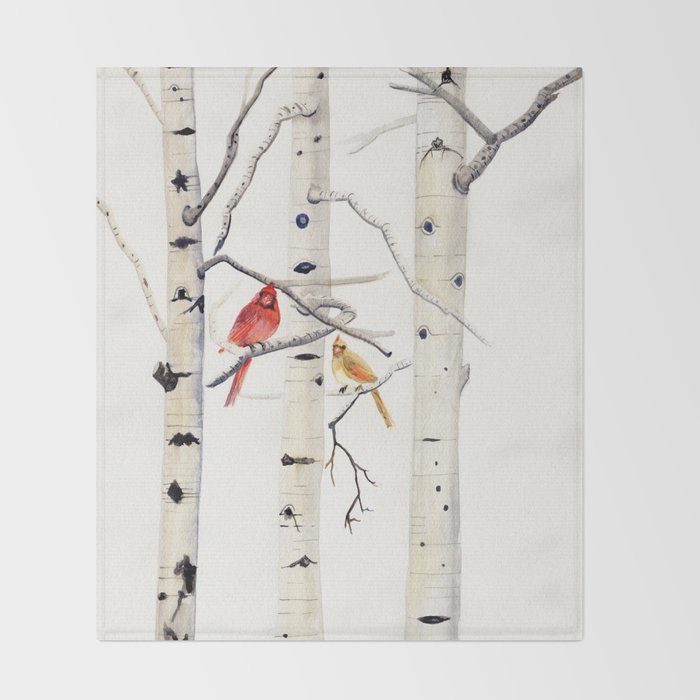Birch Trees and Cardinal Throw Blanket Gallery Image 2