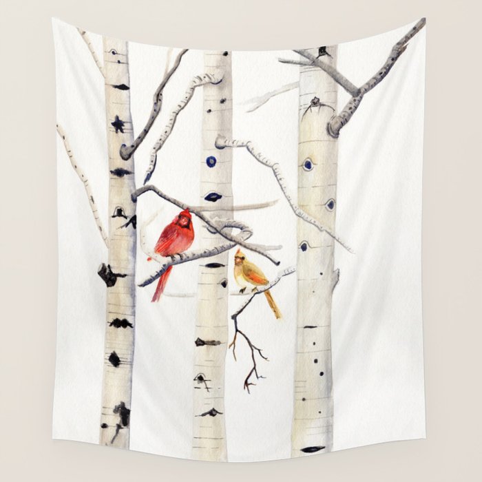Birch Trees and Cardinal Wall Tapestry Gallery Image 1