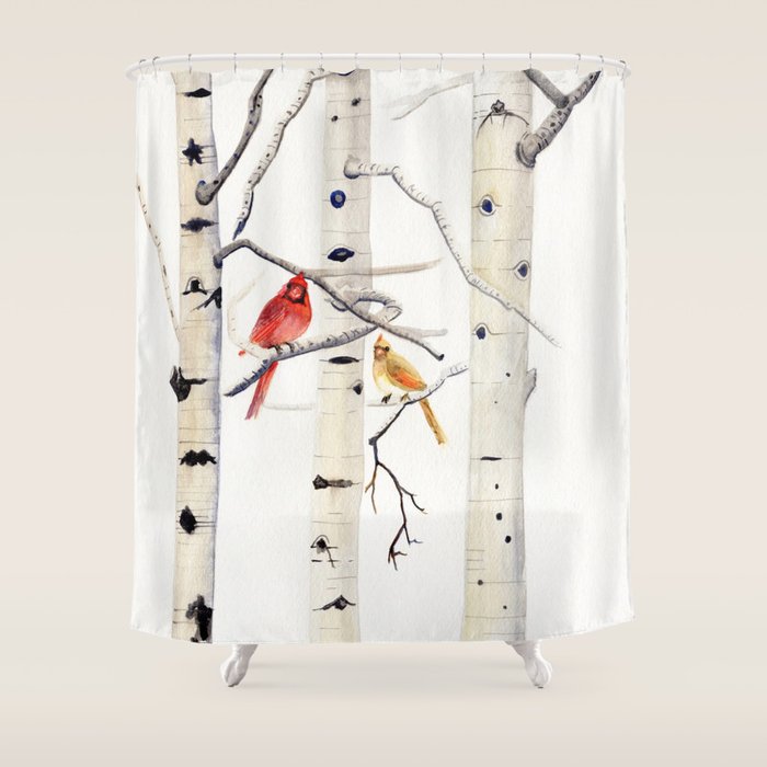 Birch Trees and Cardinal Shower Curtain Gallery Image 1