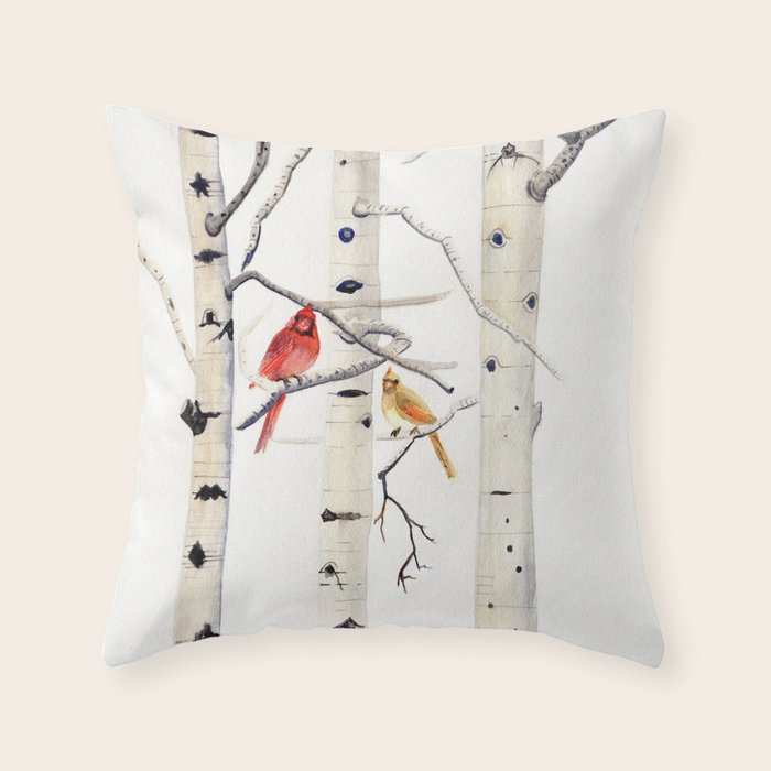Birch Trees and Cardinal Throw Pillow Gallery Image 6