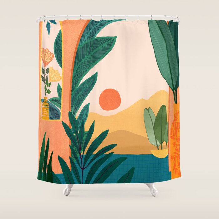 Santa Fe Oasis Desert Landscape with Plants Shower Curtain Gallery Image 1