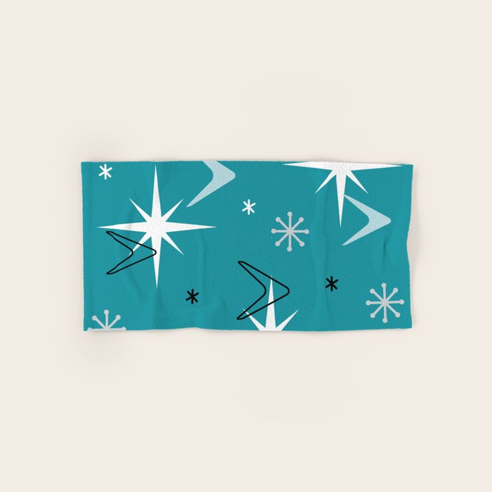 Vintage 1950s Boomerangs Stars Teal Bath Towel Gallery Image 1