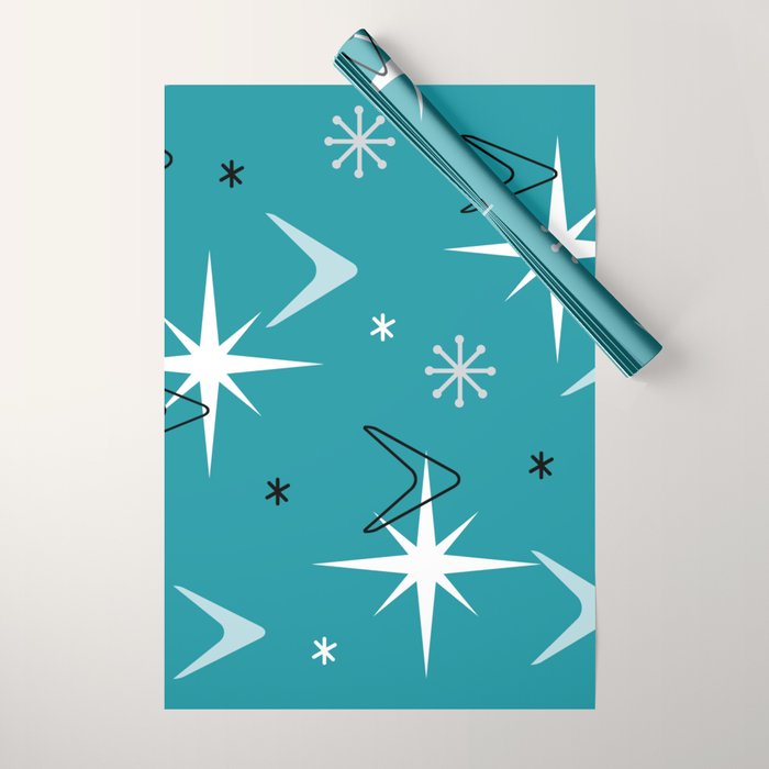 Vintage 1950s Boomerangs Stars Teal Wrapping Paper Gallery Image 1