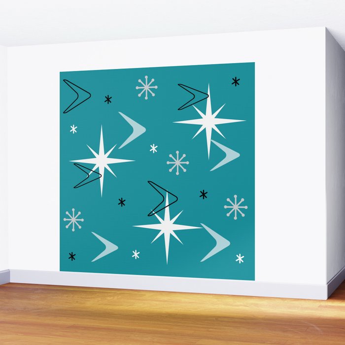 Vintage 1950s Boomerangs Stars Teal Wall Mural Gallery Image 2