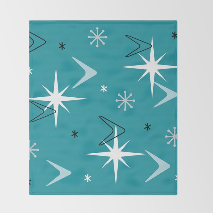 Vintage 1950s Boomerangs Stars Teal Throw Blanket Gallery Image 2