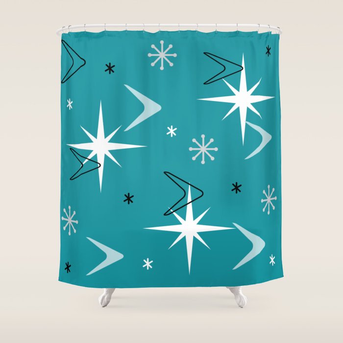 Vintage 1950s Boomerangs Stars Teal Shower Curtain Gallery Image 1