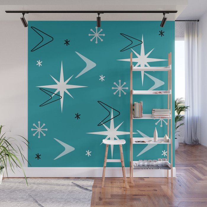Vintage 1950s Boomerangs Stars Teal Wall Mural Gallery Image 1