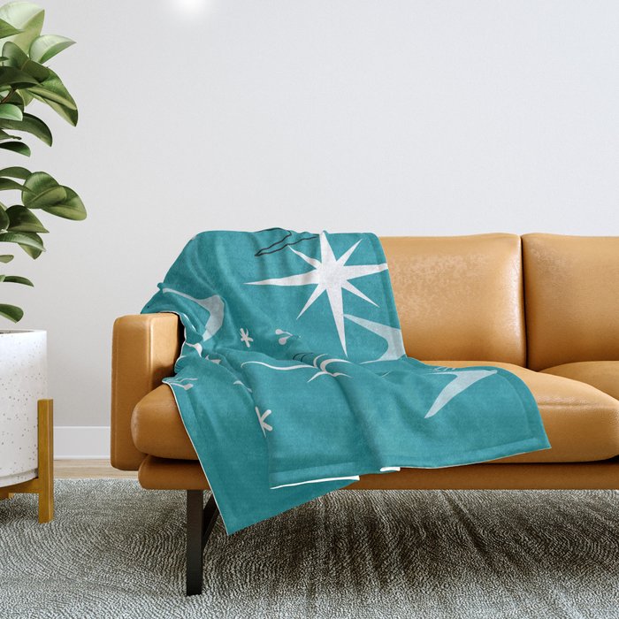 Vintage 1950s Boomerangs Stars Teal Throw Blanket Gallery Image 1