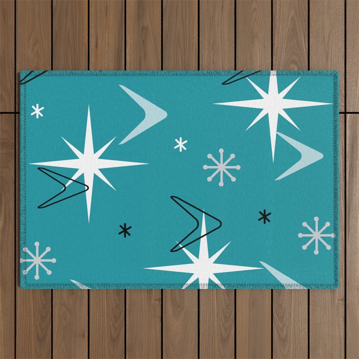 Vintage 1950s Boomerangs Stars Teal Outdoor Rug Gallery Image 1