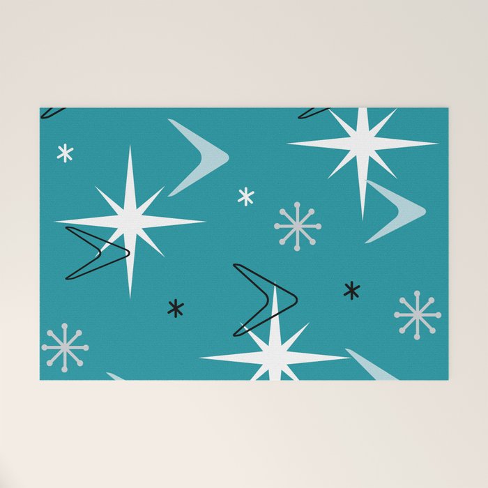 Vintage 1950s Boomerangs Stars Teal Welcome Mat