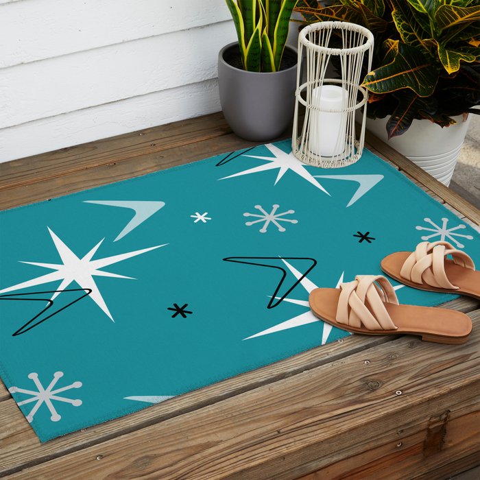 Vintage 1950s Boomerangs Stars Teal Outdoor Rug Gallery Image 2