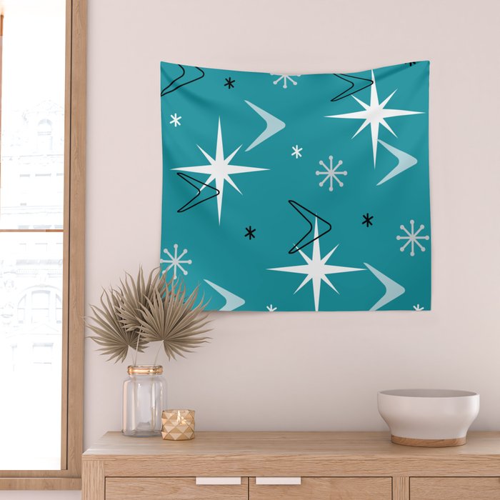 Vintage 1950s Boomerangs Stars Teal Wall Tapestry Gallery Image 2