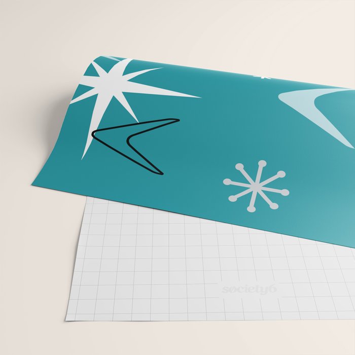 Vintage 1950s Boomerangs Stars Teal Wrapping Paper Gallery Image 2