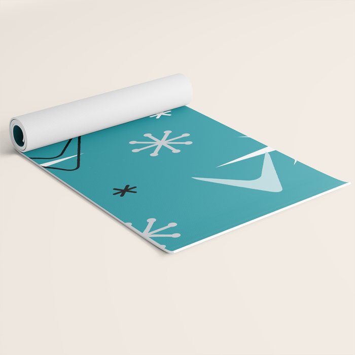 Vintage 1950s Boomerangs Stars Teal Yoga Mat Gallery Image 2