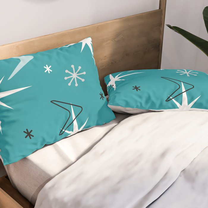 Vintage 1950s Boomerangs Stars Teal Pillow Sham Gallery Image 2