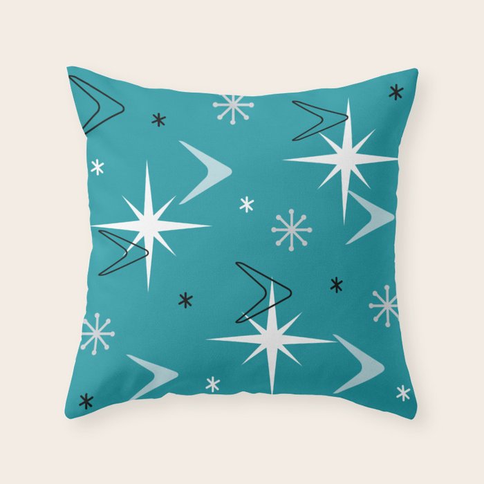 Vintage 1950s Boomerangs Stars Teal Throw Pillow Gallery Image 6