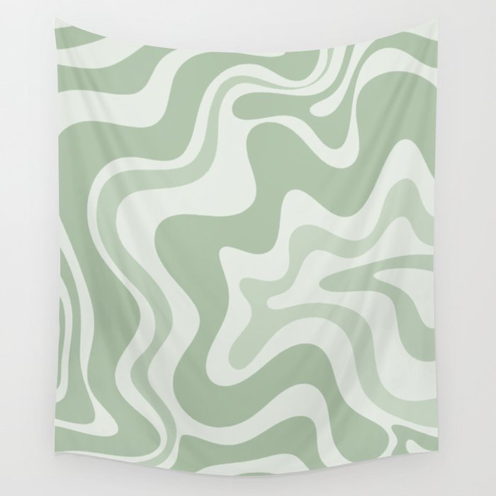Retro Liquid Swirl Abstract Pattern Sage Wall Tapestry Gallery Image 4