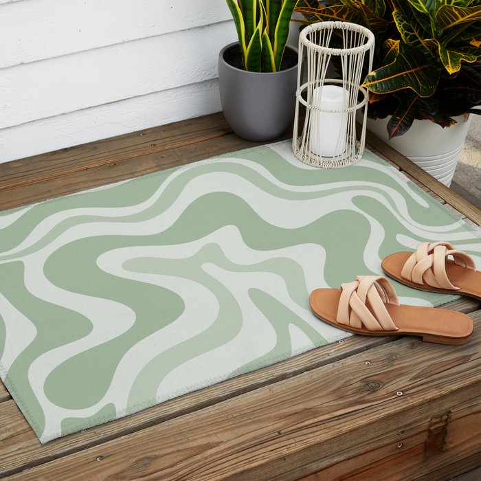 Retro Liquid Swirl Abstract Pattern Sage Outdoor Rug Gallery Image 2