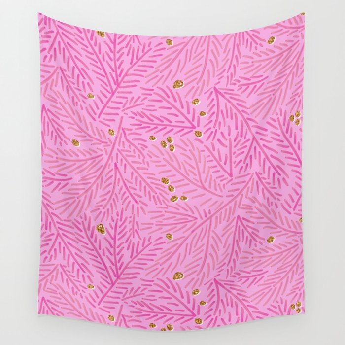 Winter Berries & Pine Branches in Pink & Gold Wall Tapestry Gallery Image 4