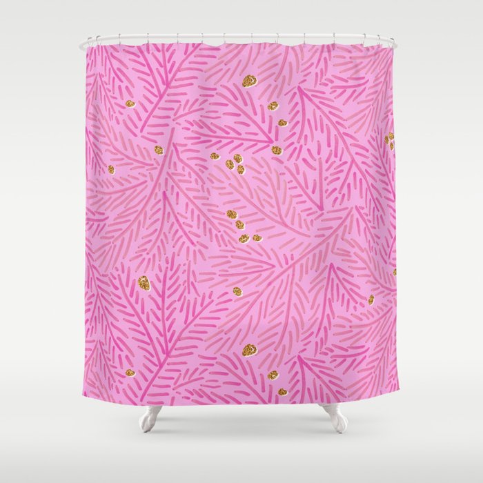 Winter Berries & Pine Branches in Pink & Gold Shower Curtain Gallery Image 1