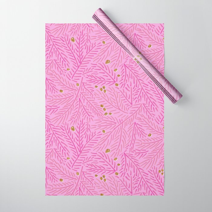 Winter Berries & Pine Branches in Pink & Gold Wrapping Paper Gallery Image 1
