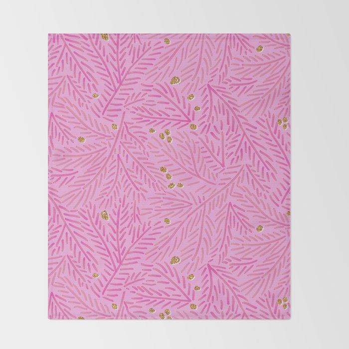 Winter Berries & Pine Branches in Pink & Gold Throw Blanket Gallery Image 2