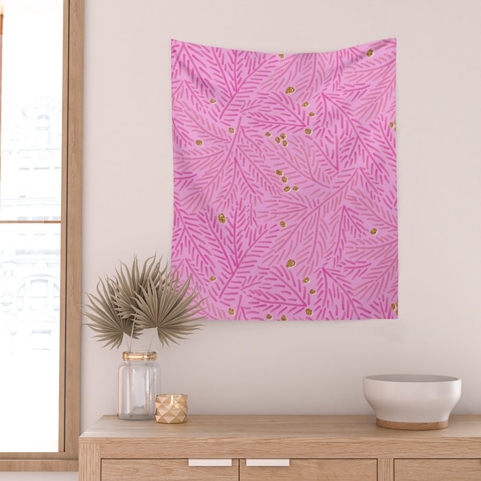 Winter Berries & Pine Branches in Pink & Gold Wall Tapestry Gallery Image 2
