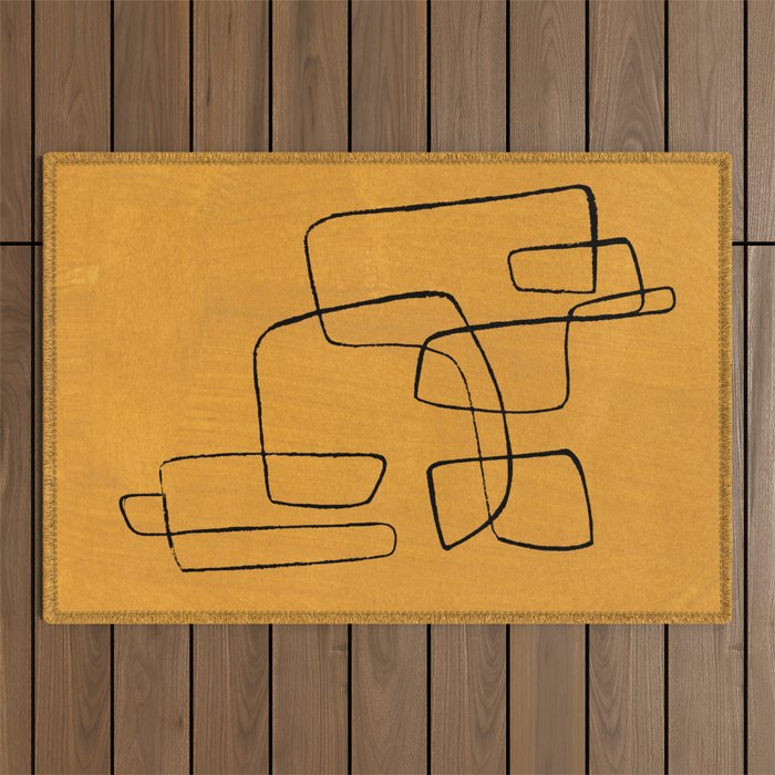 Minimalist Minimal Line Drawing Maze Mustard Yellow Painting Mid Century Modern Cool Funky Trendy Outdoor Rug Gallery Image 1