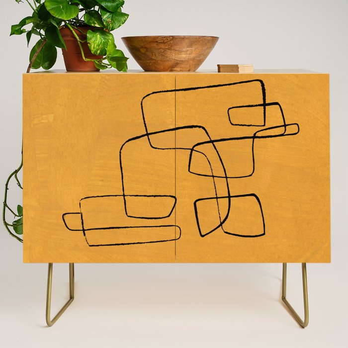 Minimalist Minimal Line Drawing Maze Mustard Yellow Painting Mid Century Modern Cool Funky Trendy Credenza Gallery Image 1