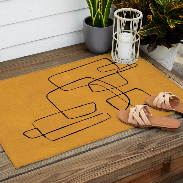 Minimalist Minimal Line Drawing Maze Mustard Yellow Painting Mid Century Modern Cool Funky Trendy Outdoor Rug Gallery Image 2