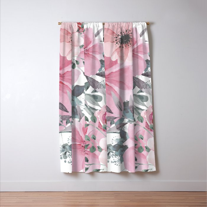 Floral Watercolor, Pink and Gray, Watercolor Print Window Curtain Gallery Image 3
