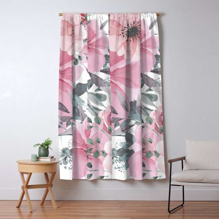 Floral Watercolor, Pink and Gray, Watercolor Print Window Curtain Gallery Image 5