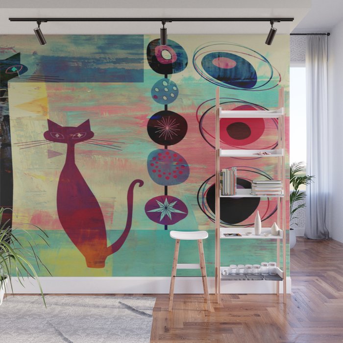 Mid-Century Modern 2 Cats - Graffiti Style Wall Mural Gallery Image 1