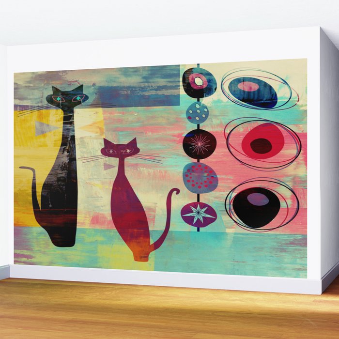 Mid-Century Modern 2 Cats - Graffiti Style Wall Mural Gallery Image 2