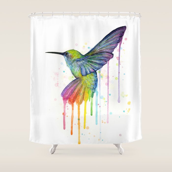 Hummingbird Rainbow Watercolor Shower Curtain Gallery Image 1