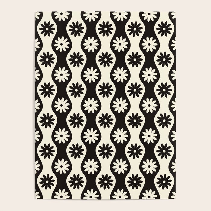 Retro Wavy Stripes with Flowers in Black & Off White Poster Gallery Image 4