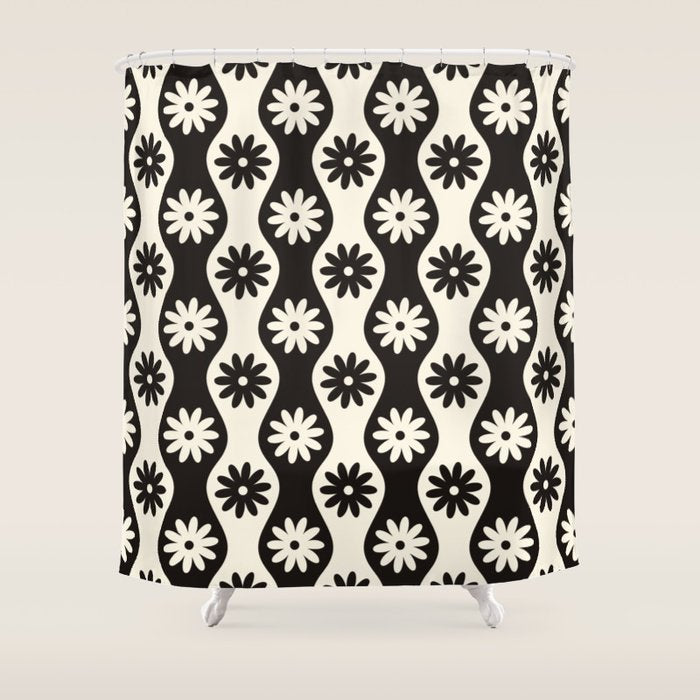 Retro Wavy Stripes with Flowers in Black & Off White Shower Curtain Gallery Image 1