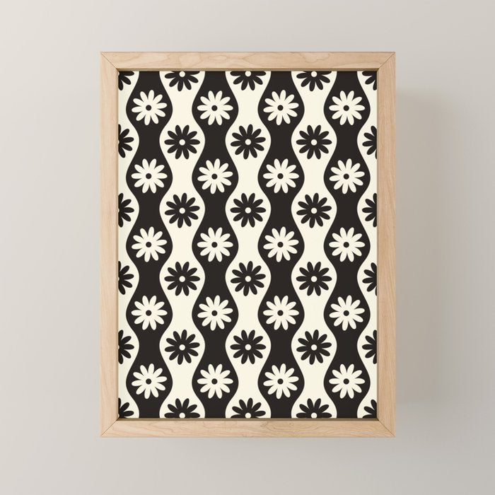 Retro Wavy Stripes with Flowers in Black & Off White Mini Art Print Gallery Image 1