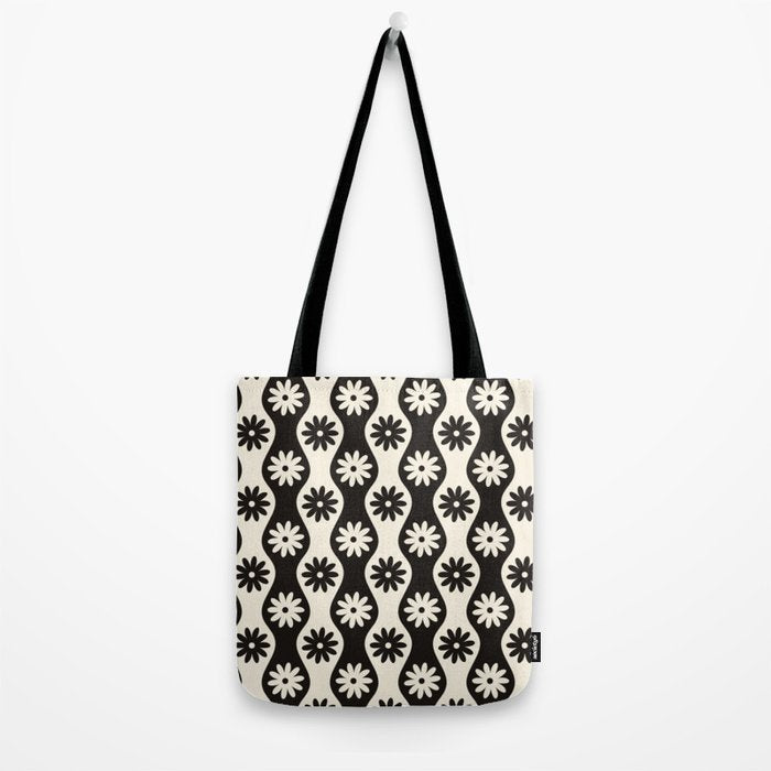 Retro Wavy Stripes with Flowers in Black & Off White Tote Bag Gallery Image 2