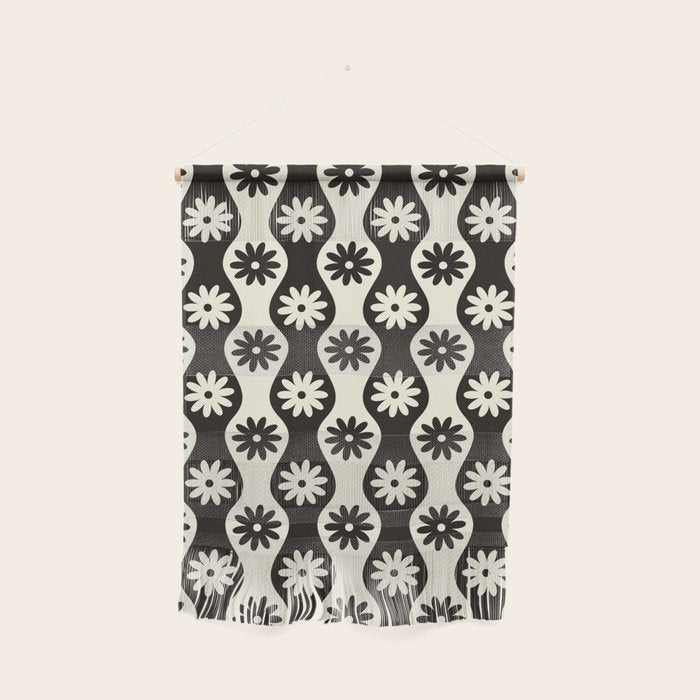 Retro Wavy Stripes with Flowers in Black & Off White Wall Hanging Gallery Image 1