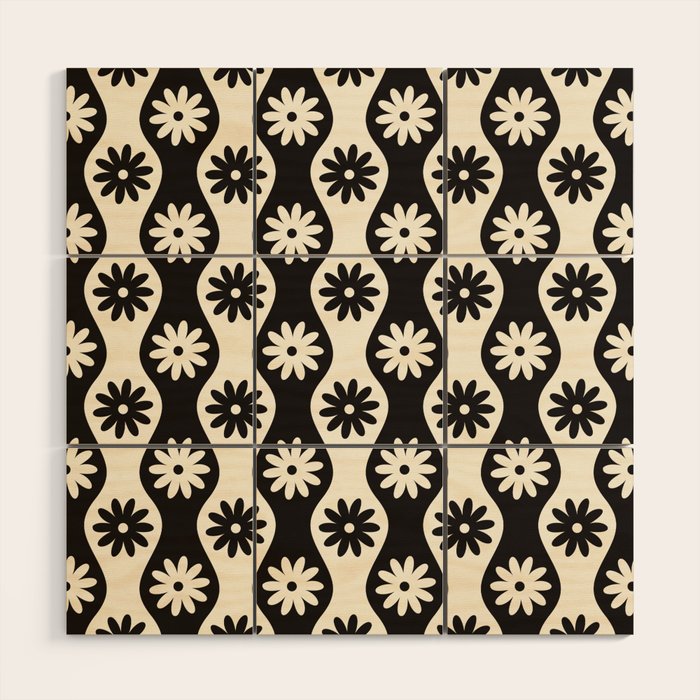 Retro Wavy Stripes with Flowers in Black & Off White Wood Wall Art Gallery Image 1
