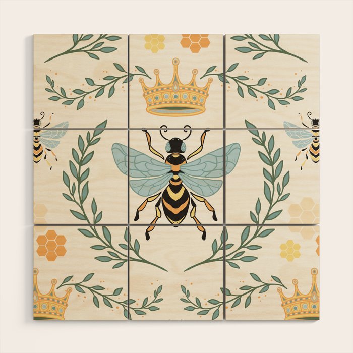 Queen Bee with Gold Crown and Laurel Frame Wood Wall Art Gallery Image 1