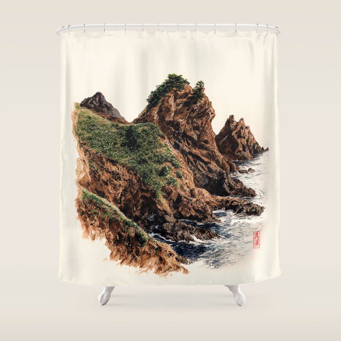 Japanese Painting coastal japandi Art Sage Green Poster Japanese Wall Art Maximalist Wall Art Shower Curtain Gallery Image 1
