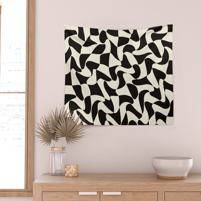  Black&White Warped Wavy Check Wall Tapestry Gallery Image 2