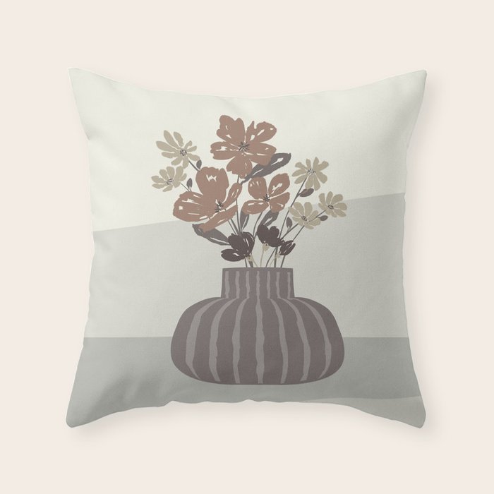 Wildflower bouquet in vase illustration - pantone brown mocha mousse Throw Pillow Gallery Image 1
