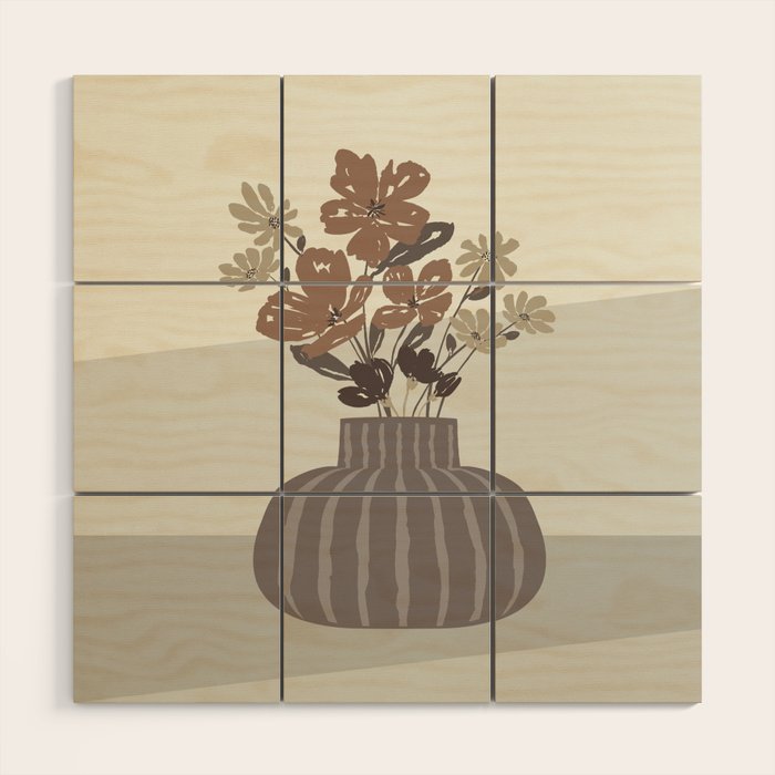 Wildflower bouquet in vase illustration - pantone brown mocha mousse Wood Wall Art Gallery Image 1