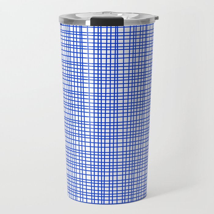 Royal Blue Fine Weave Mid Century Modern Minimalist Woven Line Pattern with White Travel Mug Gallery Image 1