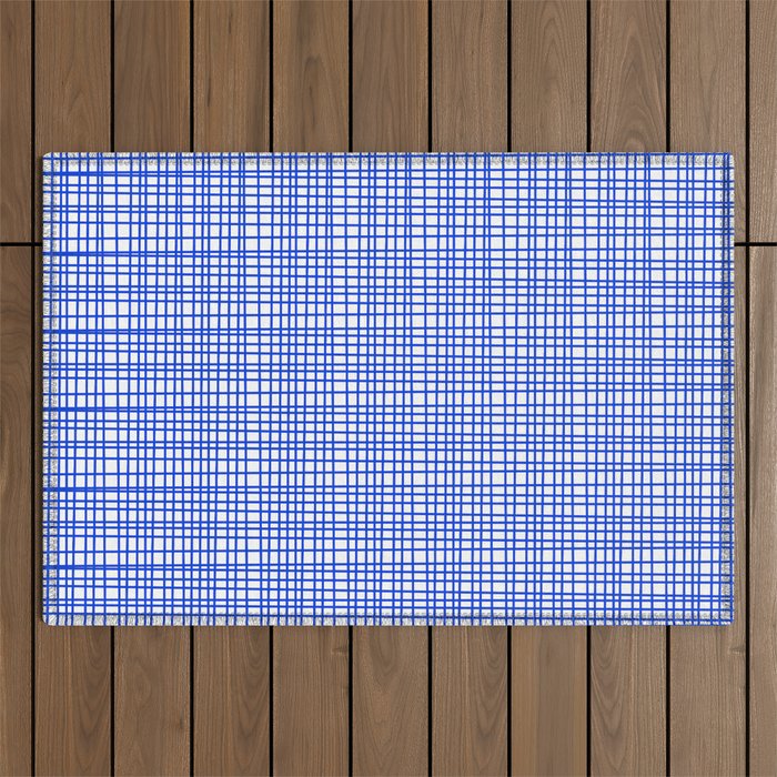 Royal Blue Fine Weave Mid Century Modern Minimalist Woven Line Pattern with White Outdoor Rug Gallery Image 1